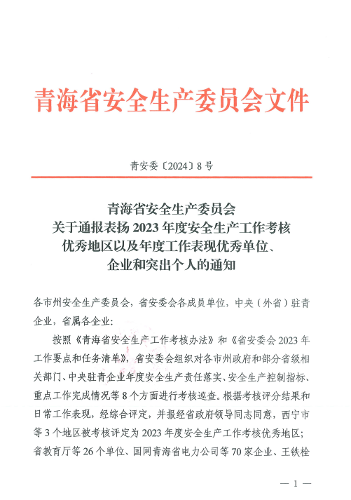 喜報！2023年度安全生產(chǎn)工作優(yōu)秀企業(yè)和突出個人名單揭曉！