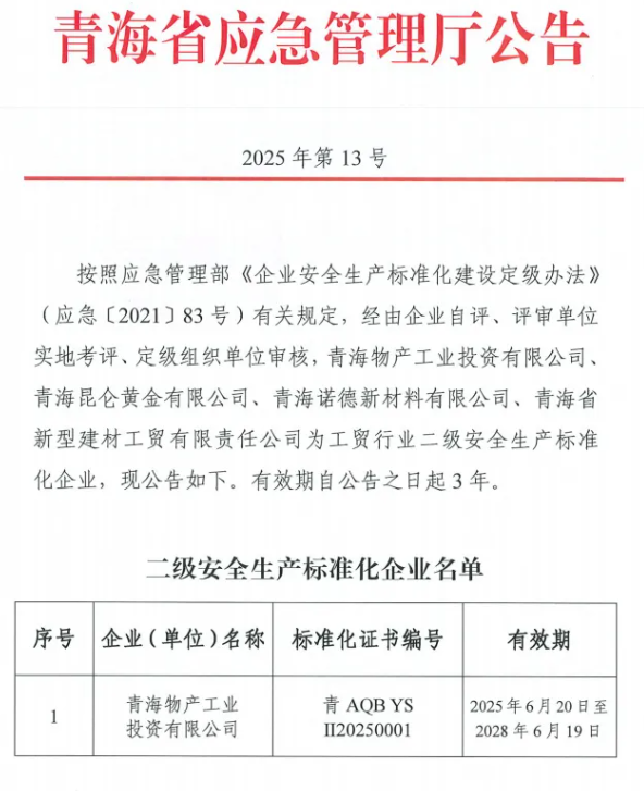 工投公司獲評工貿(mào)行業(yè)二級安全生產(chǎn)標(biāo)準(zhǔn)化企業(yè)