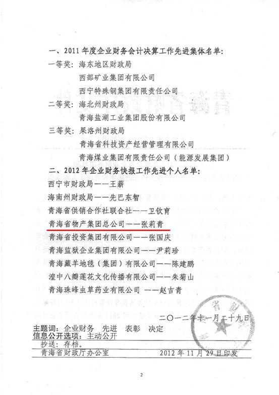 物產(chǎn)集團(tuán)榮獲2011年度財(cái)務(wù)決算先進(jìn)單位、2012年度財(cái)務(wù)快報(bào)工作先進(jìn)個(gè)人表彰